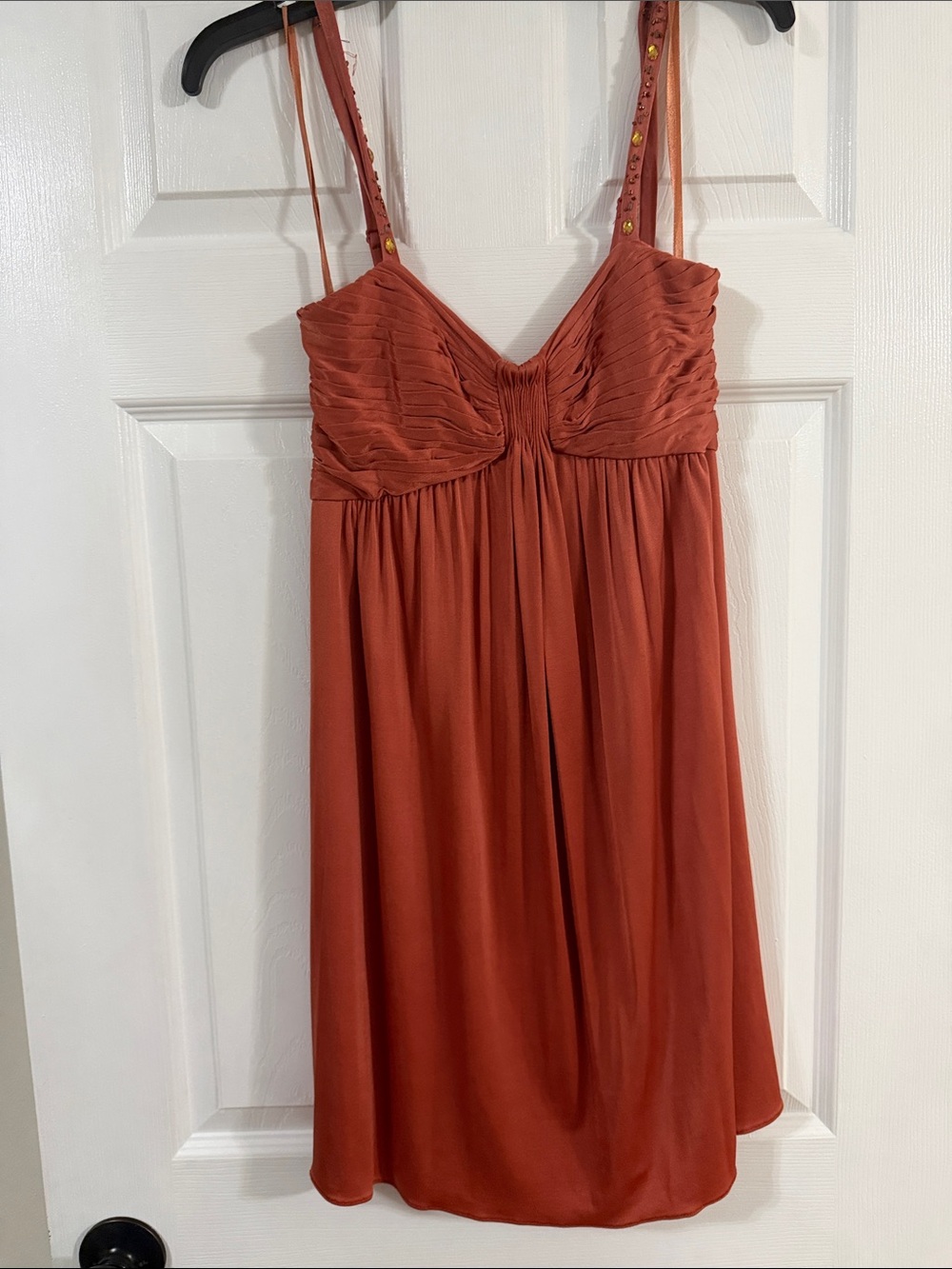 BCBGMaxAzria Burnt Orange Pleated Bust Slip Dress